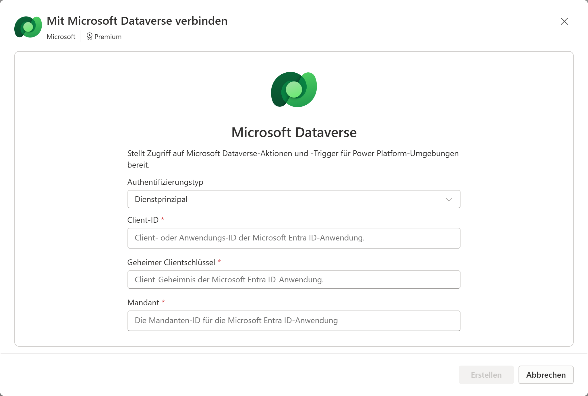 Der Dataverse-Verbindungsdialog mit Authentifizierungstyp „Dienstprinzipal“ – Client-ID, geheimer Clientschlüssel und Mandant der Entra-Anwendung.