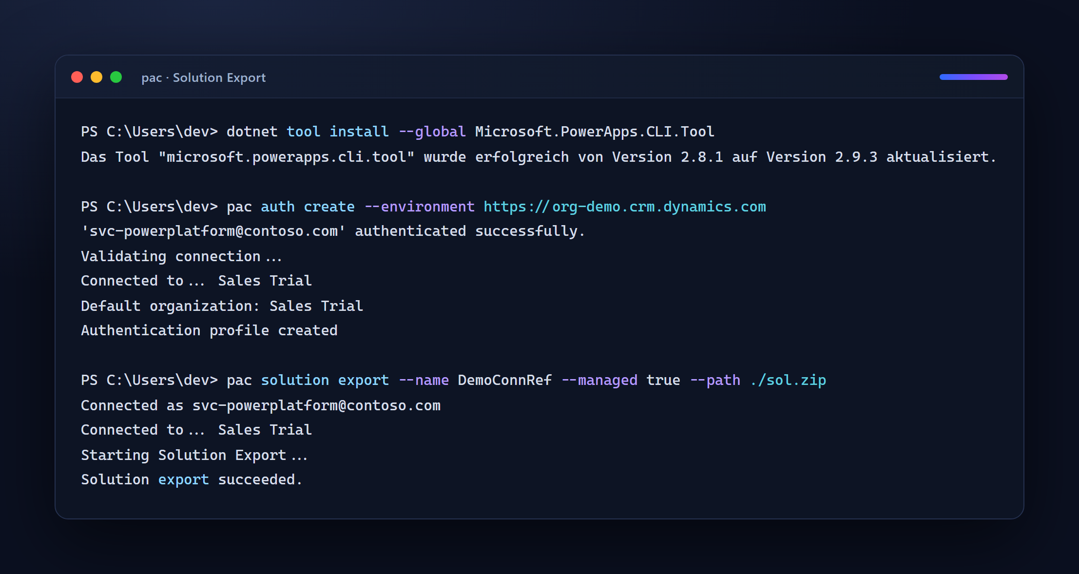 Ein echter Lauf: CLI installieren, an der Umgebung anmelden, die Solution managed exportieren.