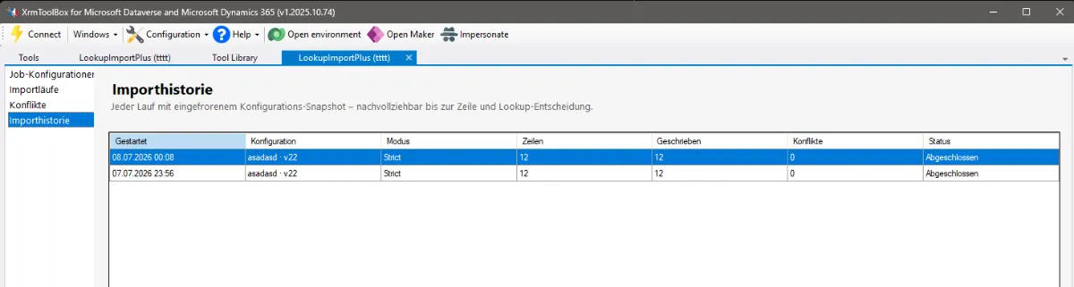 Importhistorie mit einer Tabelle vergangener Läufe: Gestartet, Konfiguration, Modus, Zeilen, Geschrieben, Konflikte, Status