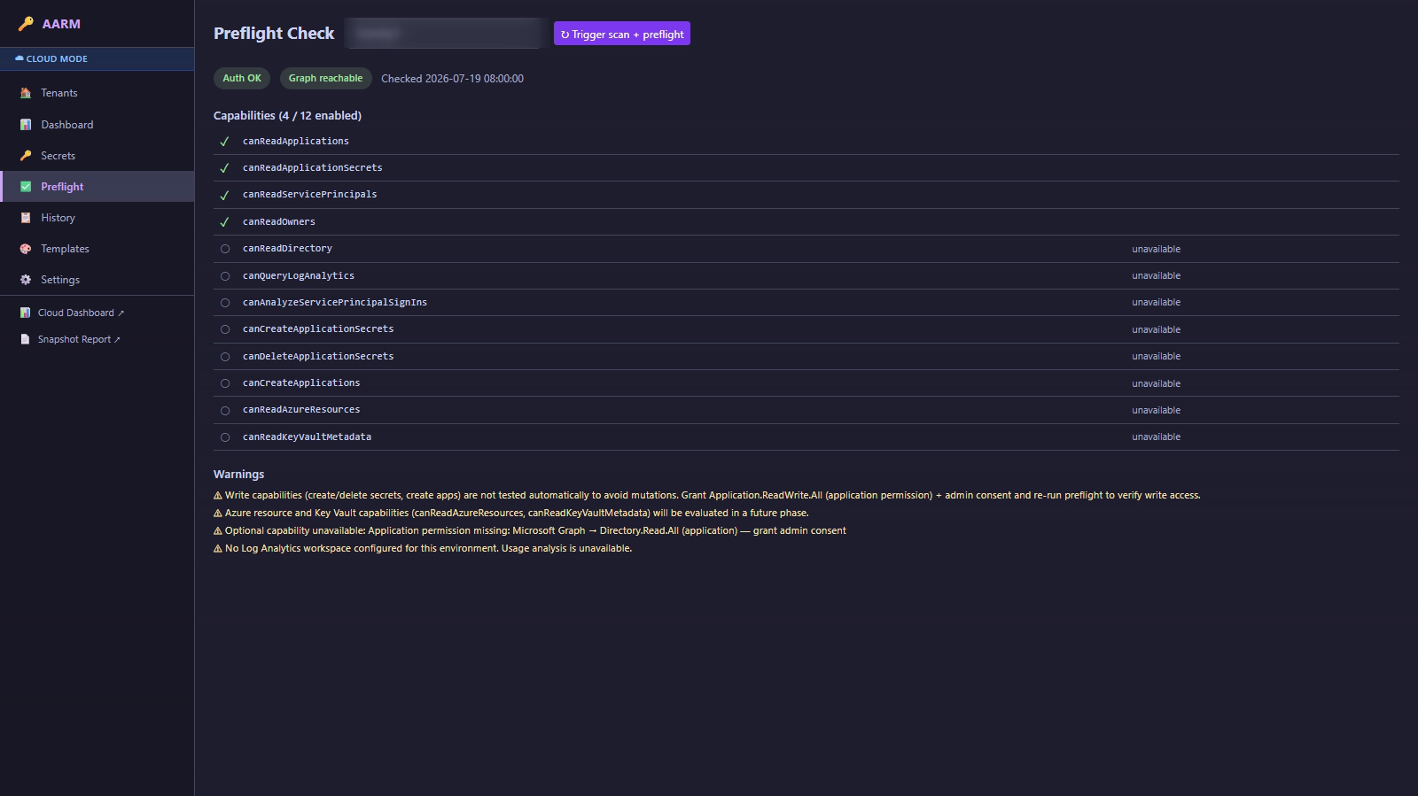 Preflight-Check: Capability-Liste (4/12 aktiv) mit Häkchen und „unavailable"-Markierungen plus Warnhinweisen zu fehlenden Graph-Permissions.
