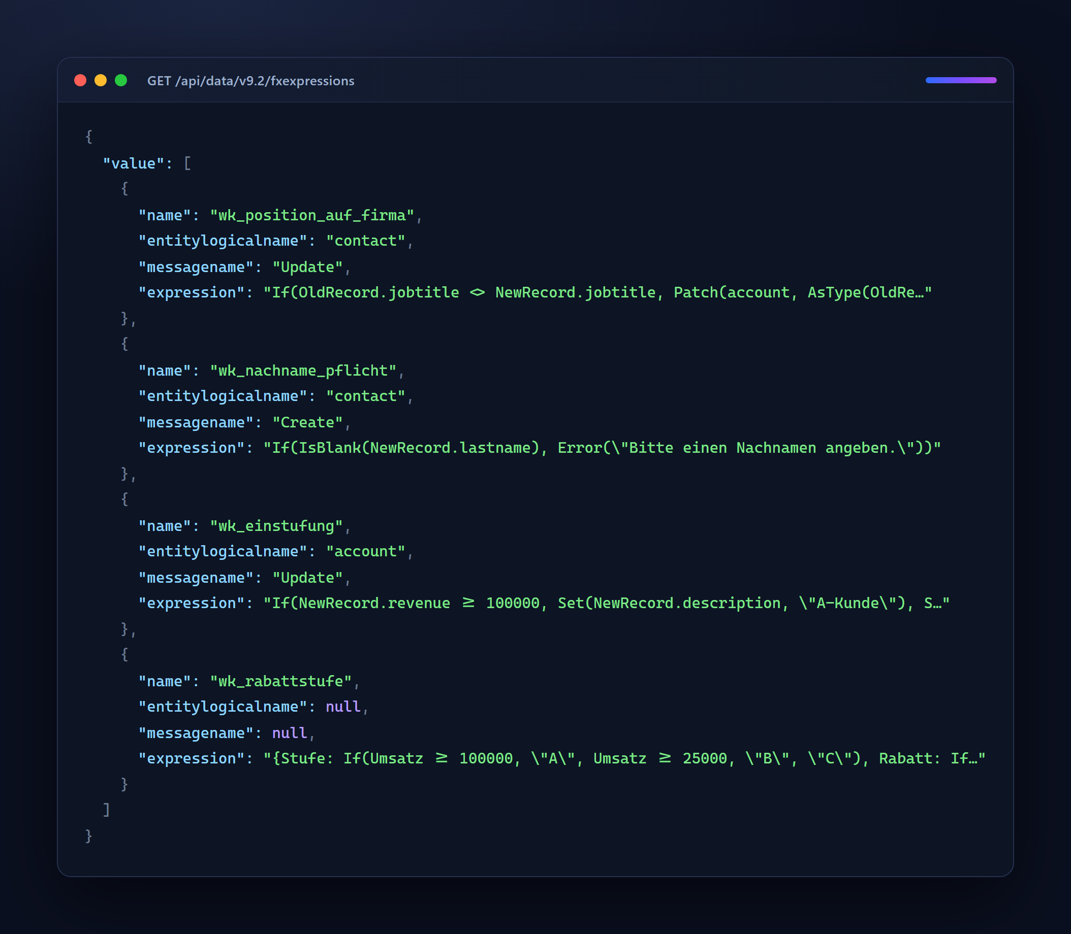 Die angelegten Regeln, direkt aus der Tabelle fxexpression gelesen: drei Automated Plug-ins und eine Function