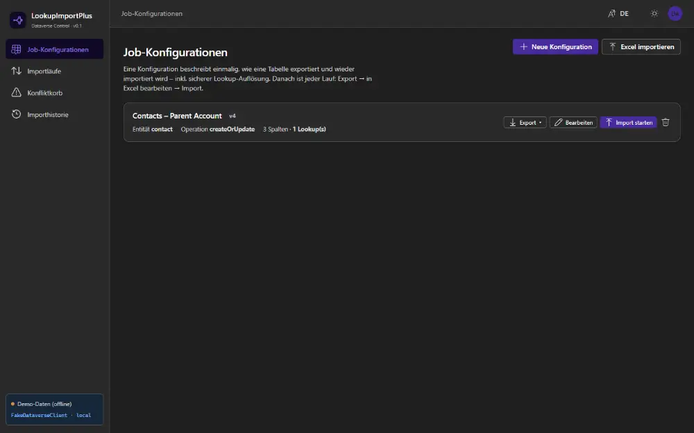Job-Konfigurationsliste mit einer Karte "Contacts – Parent Account" inklusive Version, Entität und Aktions-Buttons