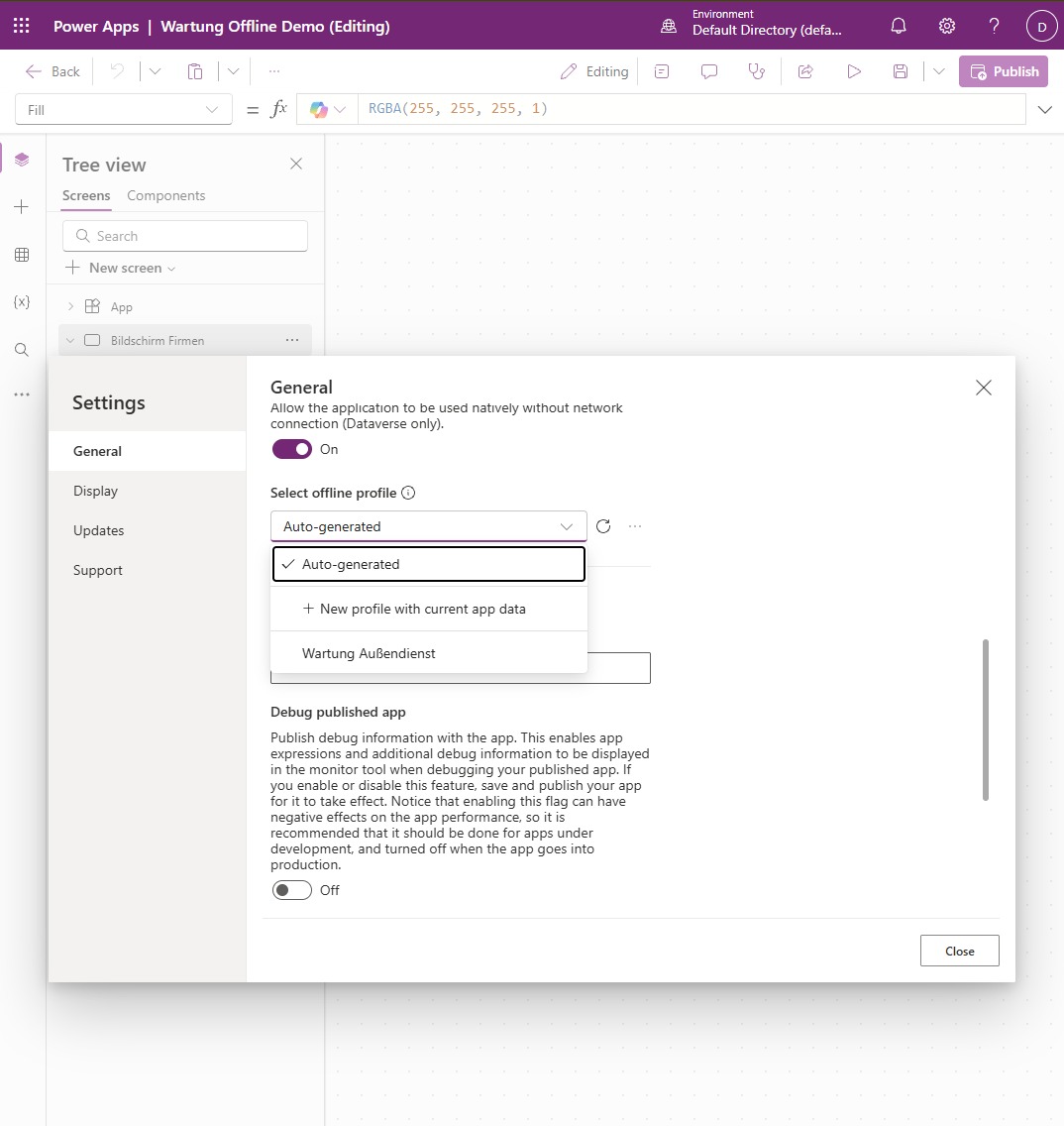 In den App-Einstellungen (Power Apps Studio → Einstellungen → Allgemein): „Kann offline verwendet werden" ist an, und im Dropdown „Offline-Profil auswählen" wird statt „Automatisch generiert" das veröffentlichte Profil „Wartung Außendienst" gewählt
