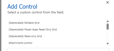 Der „Add Control"-Dialog: Die alten Raster erscheinen im Portal live als „(Deprecated) Editable Grid", „(Deprecated) Power Apps Read-Only Grid" und „(Deprecated) Read-only Grid" — der Nachfolger „Power Apps grid control" steht weiter unten in derselben Liste.