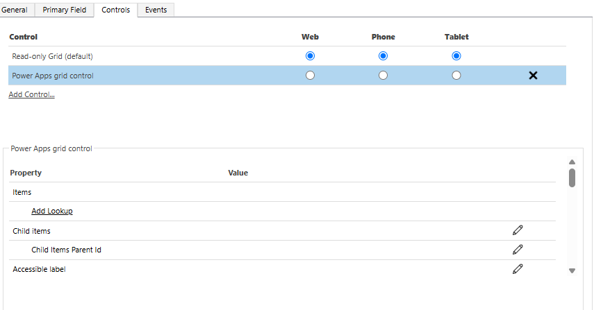 Klassischer Solution Explorer, Account → Reiter „Controls": Das „Power Apps grid control" ist neben dem „Read-only Grid (default)" hinzugefügt — mit Web/Phone/Tablet-Auswahl, dem „Add Control…"-Link und dem Eigenschaften-Panel (u. a. „Child items" für Nested Grids).