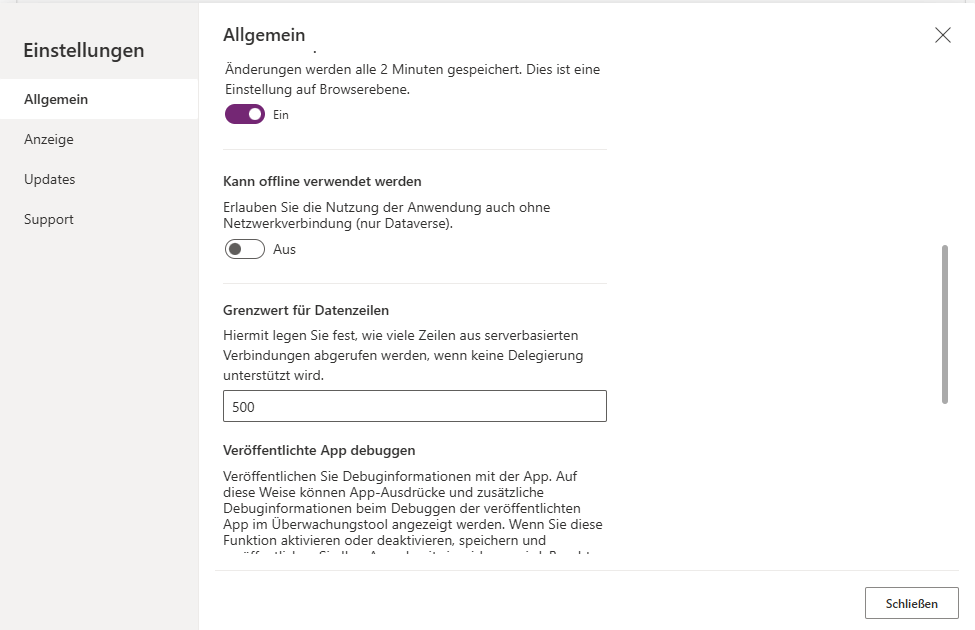 Canvas-App-Einstellungen: „Grenzwert für Datenzeilen — Hiermit legen Sie fest, wie viele Zeilen aus serverbasierten Verbindungen abgerufen werden, wenn keine Delegierung unterstützt wird“, Standardwert 500. Darüber der Schalter „Kann offline verwendet werden (nur Dataverse)“, standardmäßig aus.