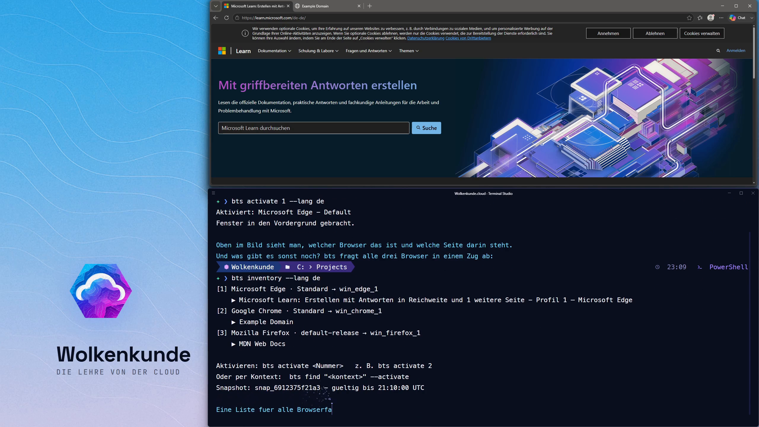 bts inventory: eine nummerierte Liste aller Fenster über Chrome, Edge und Firefox — je Zeile Browser · Profil · aktiver Titel, dazu der stabile Snapshot für die Auswahl.
