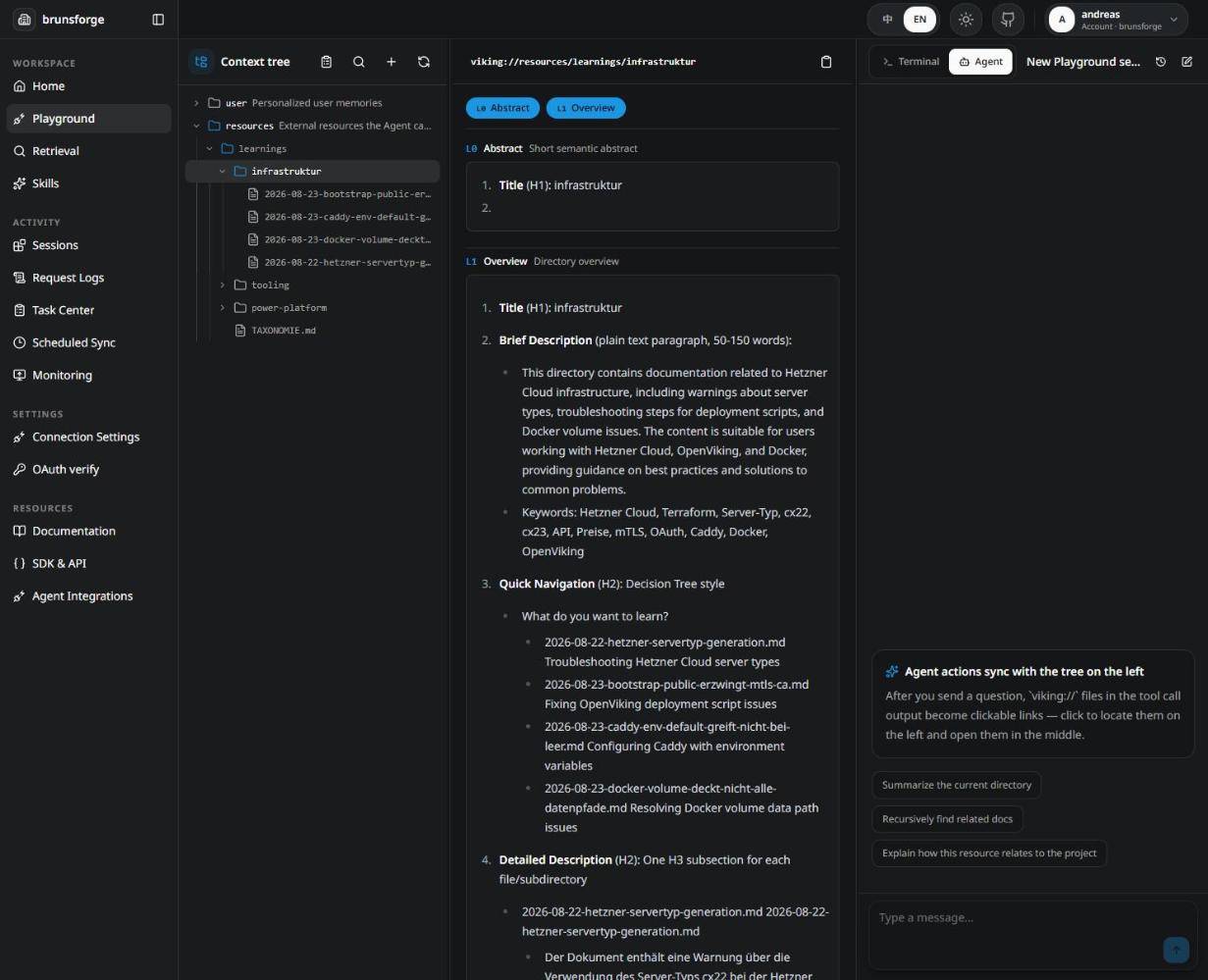 Der Playground im OpenViking Studio: links der viking://-Baum bis zu echten Learning-Dateien aufgeklappt (resources/learnings/infrastruktur/ …), in der Mitte die automatisch erzeugte L0/L1-Übersicht des Ordners mit Decision-Tree-Navigation.