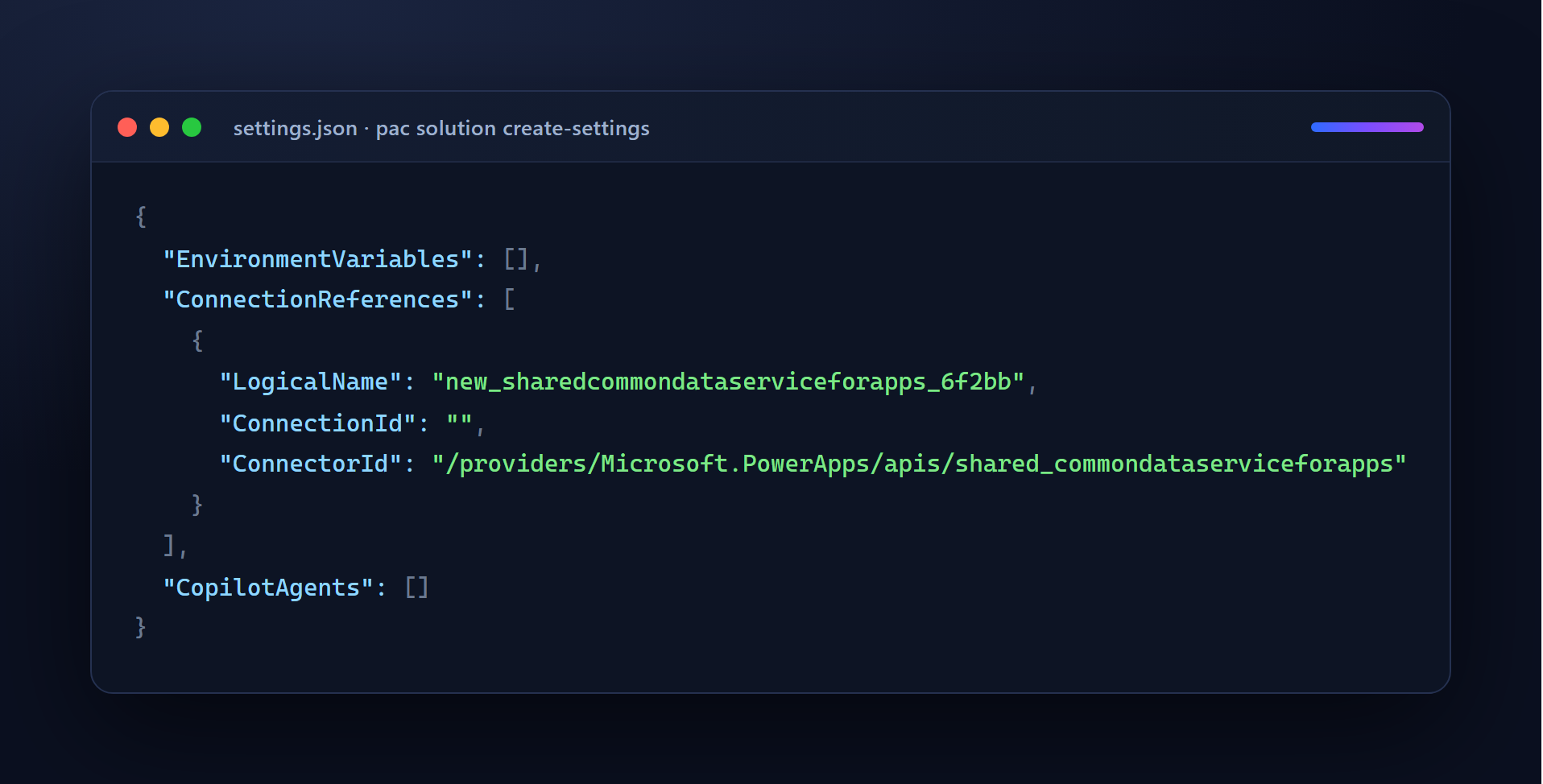 Die von pac solution create-settings erzeugte Datei: der LogicalName der Connection Reference steht fest, die ConnectionId füllst du pro Zielumgebung.