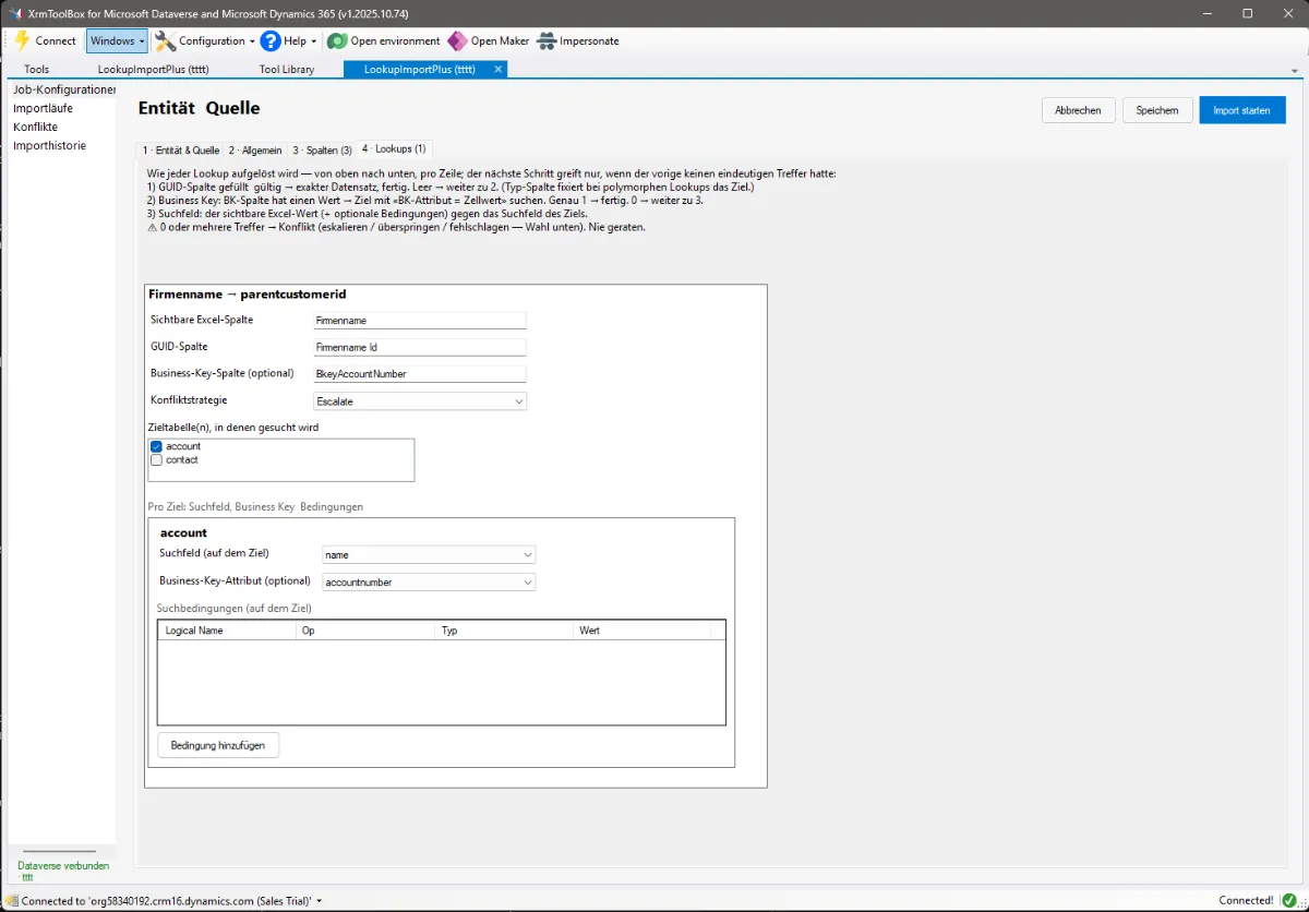 Editor-Tab „4 · Lookups": die Lookup-Karte „Firmenname → parentcustomerid" mit sichtbarer Excel-Spalte, GUID-Spalte, Business-Key-Spalte, Konfliktstrategie Escalate, der Zieltabelle account und je Ziel Suchfeld „name" und Business-Key-Attribut „accountnumber"