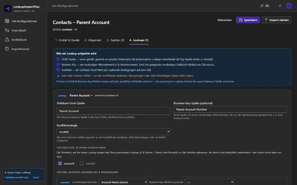 Erklärkasten "Wie ein Lookup aufgelöst wird" mit den drei nummerierten Stufen GUID-Spalte, Business Key, Suchfeld und der Warnung, dass mehrere/keine Treffer eskalieren