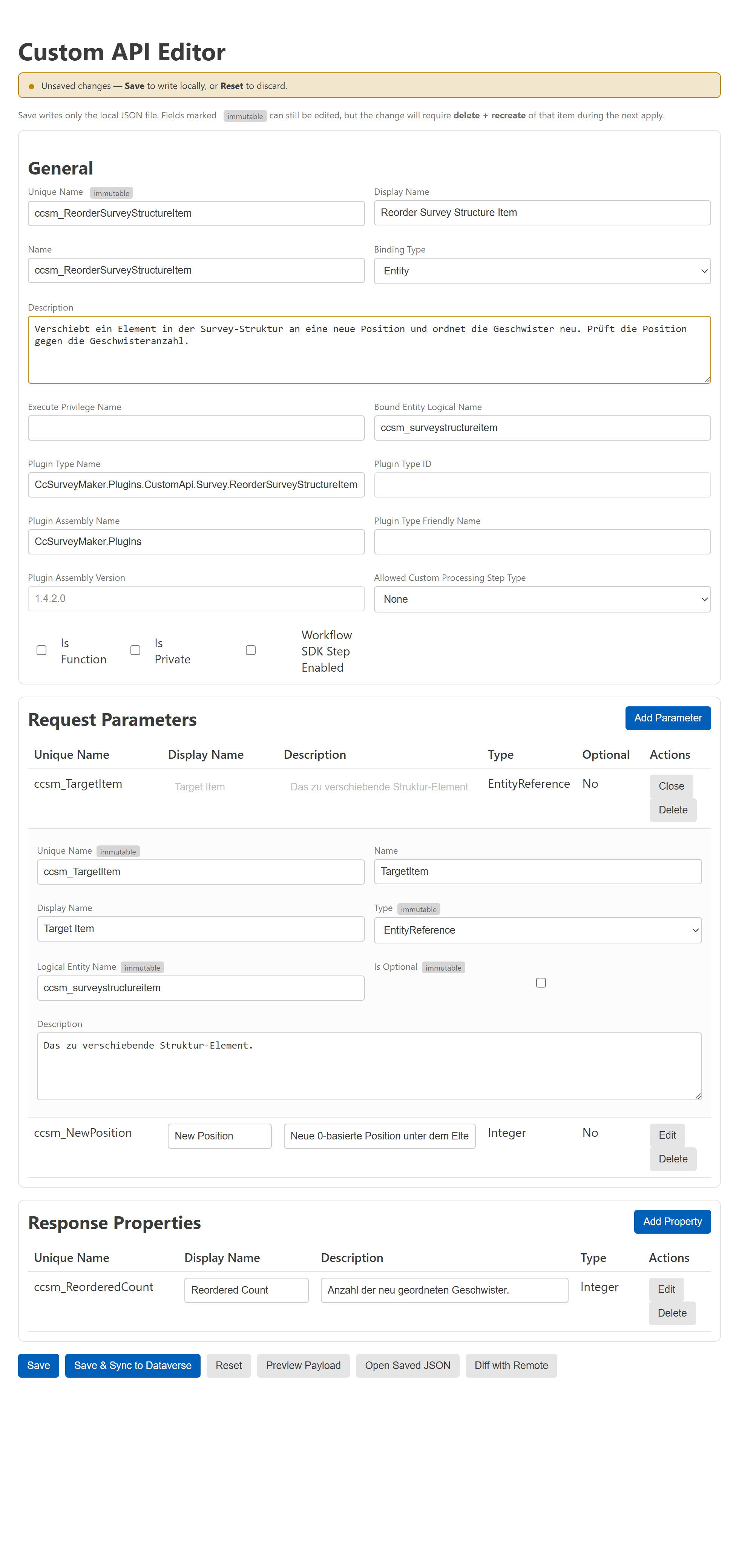 Derselbe Editor im Light Theme, komplett mit Request Parameters, Response Properties und der Footer-Toolbar.