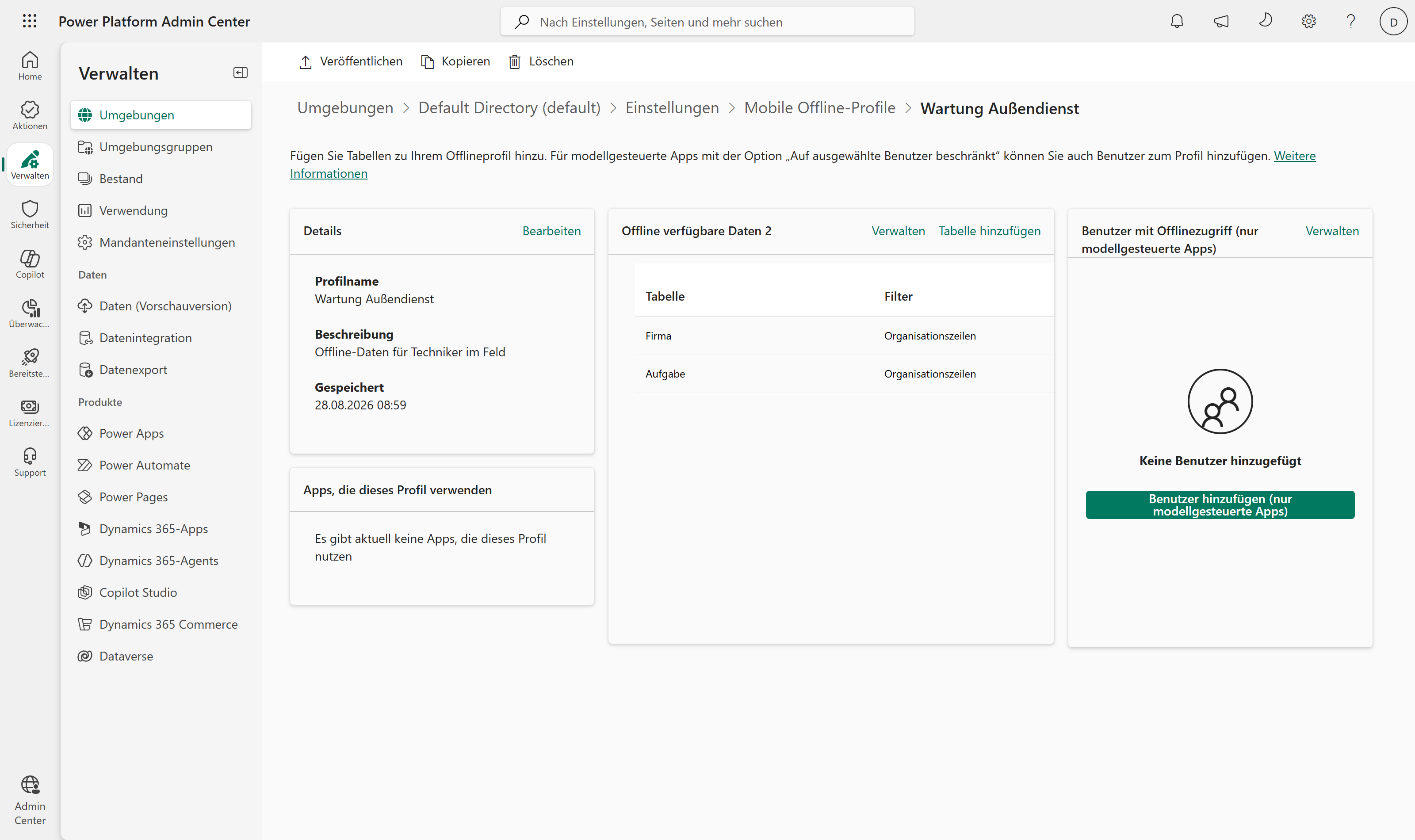 Offline-Profil-Editor im Power Platform Admin Center: das Profil „Wartung Außendienst" mit den Offline-Tabellen Firma und Aufgabe und ihren Filtern (Organisationszeilen)