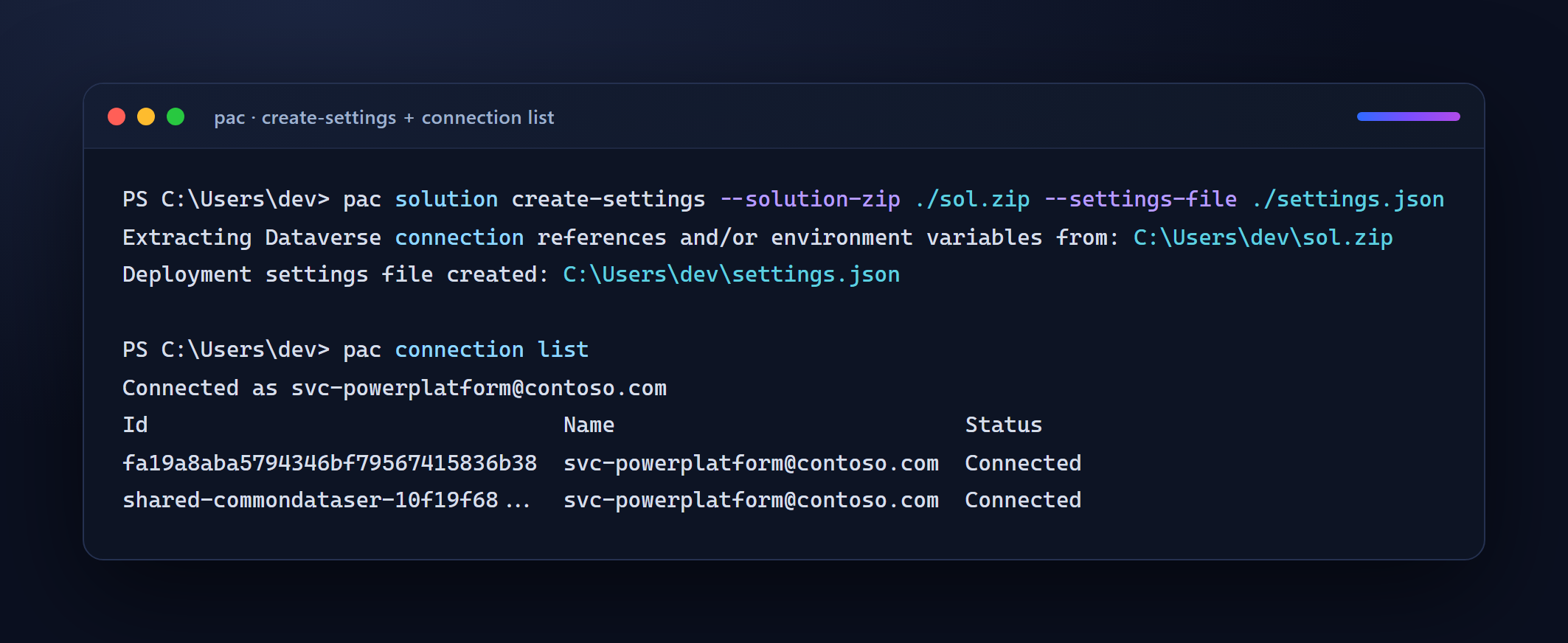 create-settings erzeugt die Datei; pac connection list liefert die Connection-IDs, die du bei ConnectionId einträgst.