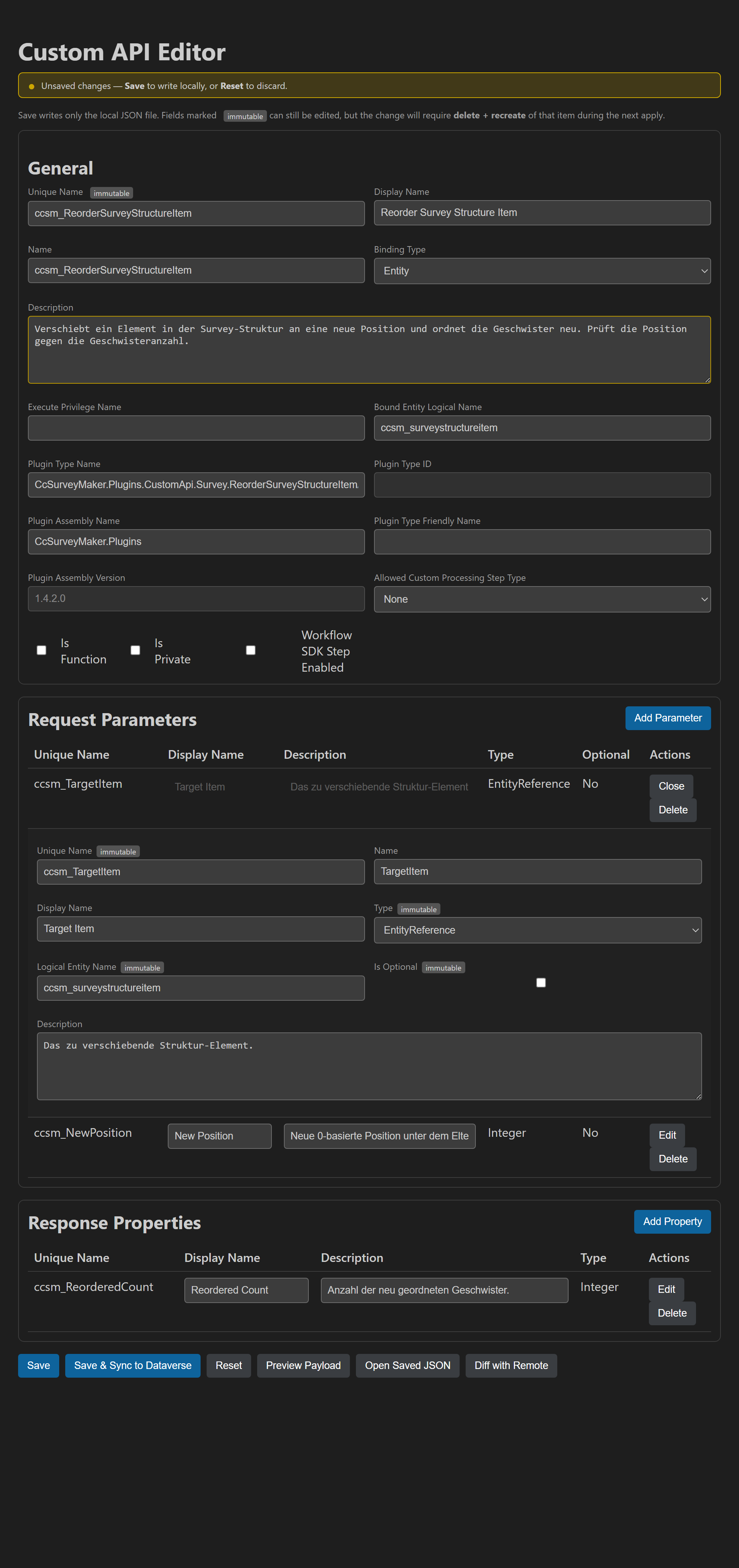 Der Custom-API-Editor (Dark Theme): General-Raster mit immutable-Badges, ein aufgeklappter Request-Parameter mit Typ-Dropdown und die Footer-Toolbar. Oben das gelbe Dirty-Banner.