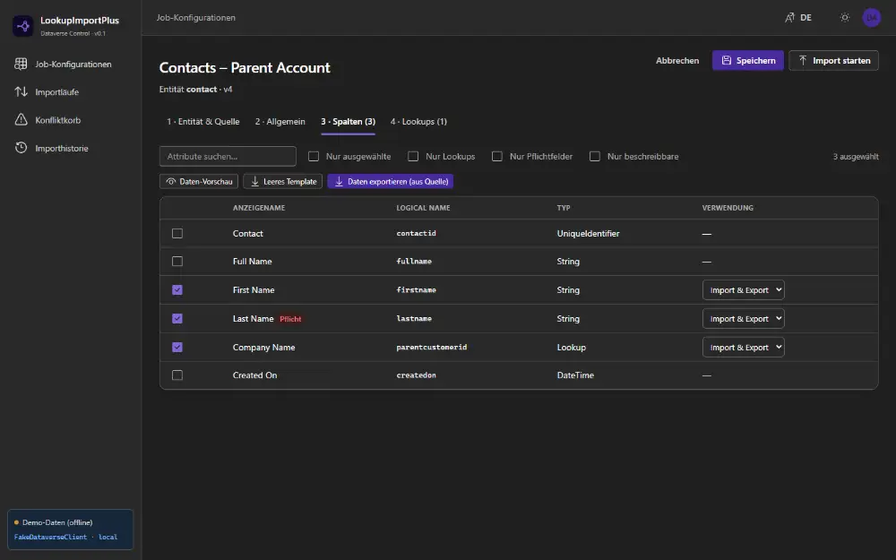 Spalten-Tab mit Attributliste, Checkboxen, Filtern und Vorschau-/Export-Buttons