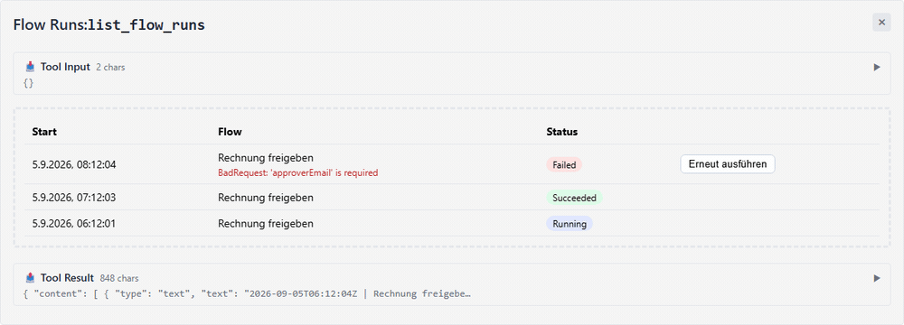 Die Komponente im Host: Ein Klick auf „Erneut ausführen“ setzt den fehlgeschlagenen Lauf auf Running, Fehlermeldung und Knopf verschwinden — Tool Input und Tool Result rahmen den Aufruf ein