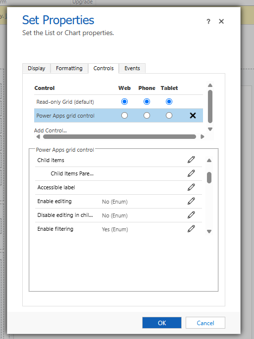 „Set Properties" → Reiter „Controls" (klassischer Form-Editor, Subgrid): Das „Power Apps grid control" ist neben dem „Read-only Grid (default)" hinzugefügt; darunter die Eigenschaften mit dem zentralen Schalter „Enable editing: No (Enum)" — read-only per Default —, dazu „Child items" (Nested Grid), „Disable editing in child items grid" und „Enable filtering: Yes".