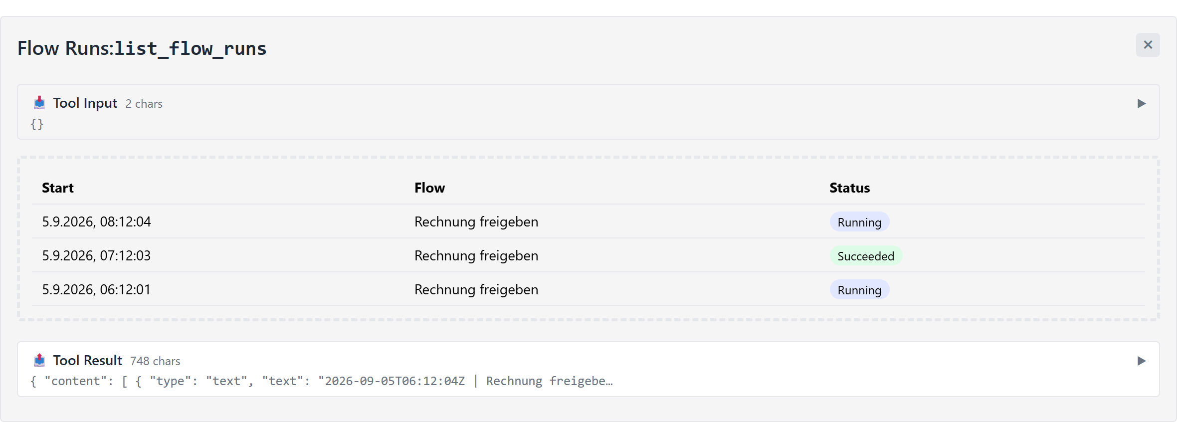 Der Referenz-Host zeigt Tool-Eingabe, die gerenderte Komponente und das rohe Tool-Ergebnis untereinander