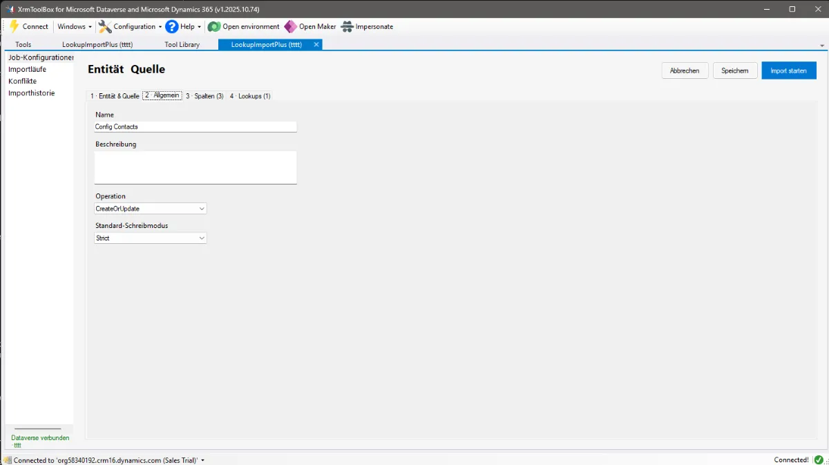 Editor-Tab „2 · Allgemein" mit Name, Beschreibung, Operation und Standard-Schreibmodus
