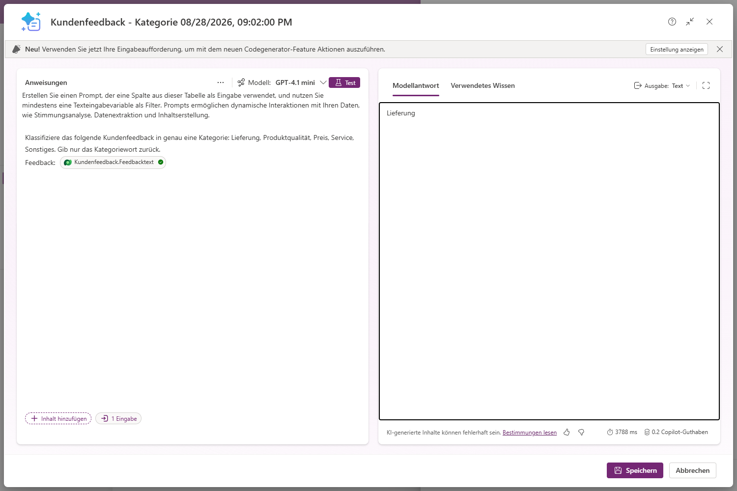 Der Prompt-Editor mit Testlauf: links die Anweisung mit der Input-Referenz, oben das Modell (GPT-4.1 mini), rechts die Modellantwort „Lieferung" — und unten rechts Laufzeit und Verbrauch (0,2 Copilot-Guthaben).