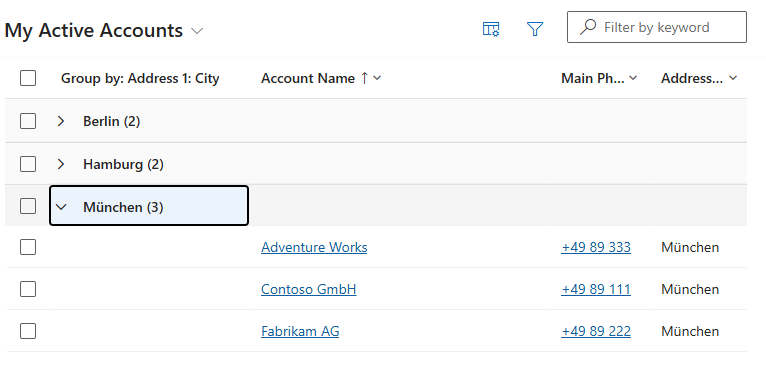 Echter Screenshot: das Power Apps grid control in einer laufenden Model-driven App — die Ansicht „My Active Accounts", nach Stadt gruppiert (Berlin, Hamburg, München), die Gruppe München aufgeklappt. Gruppieren, Sortieren und Filtern laufen direkt über das Spaltenkopf-Menü.
