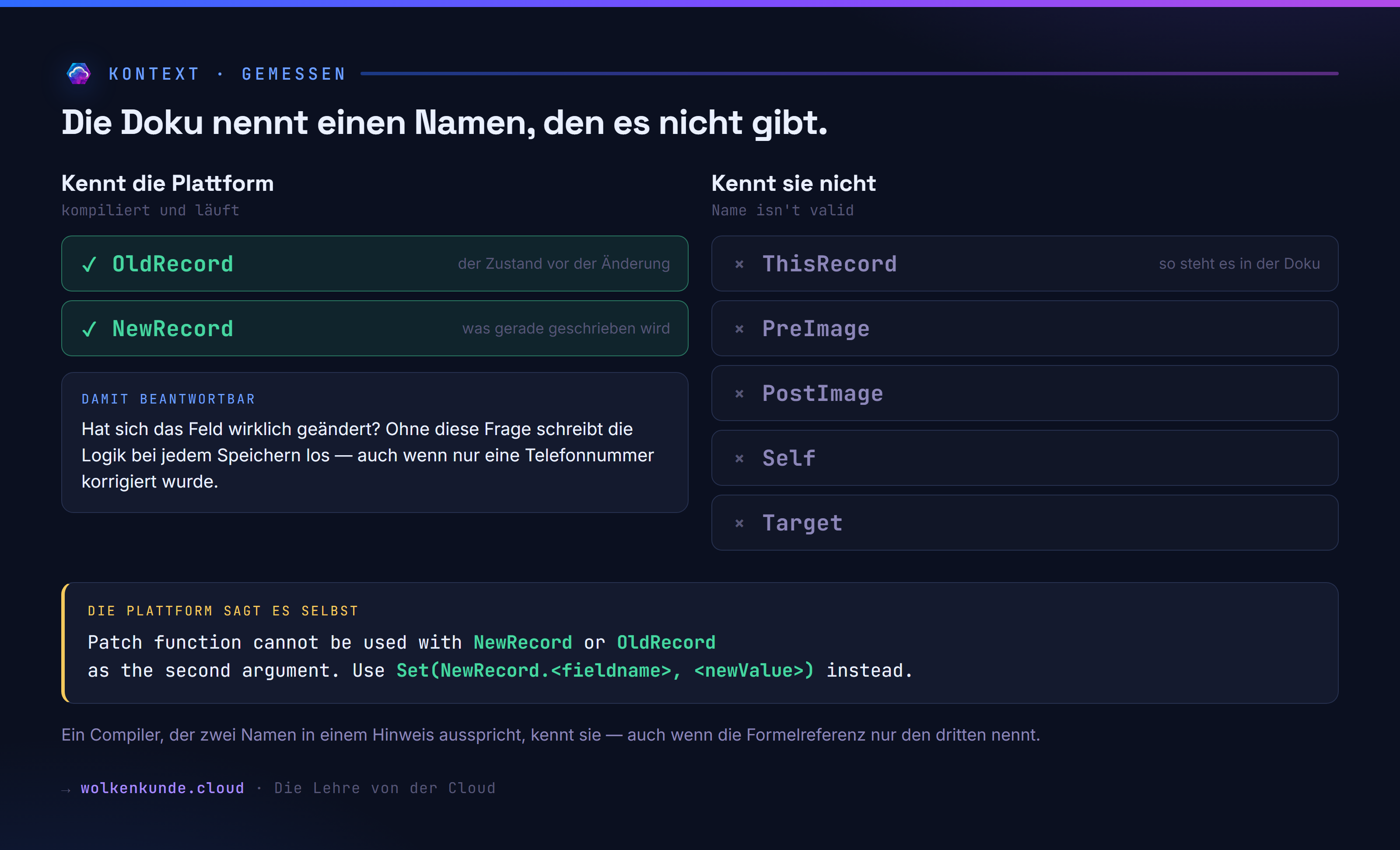 Welche Kontextnamen eine Automated Low-Code Plug-in-Regel annimmt: OldRecord und NewRecord kompilieren, ThisRecord und PreImage werden abgelehnt