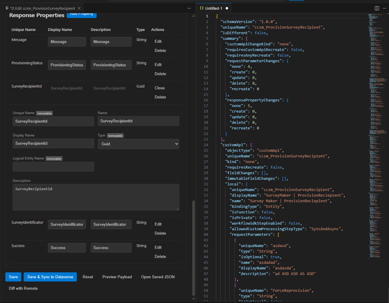 Die Diff-Ansicht (Diff Current API): rechts das JSON-Ergebnis mit isDifferent: false und einer summary der Request-/Response-Änderungen (none/create/update/delete/recreate), links der Editor — so siehst du vor dem Sync genau, was abweicht.