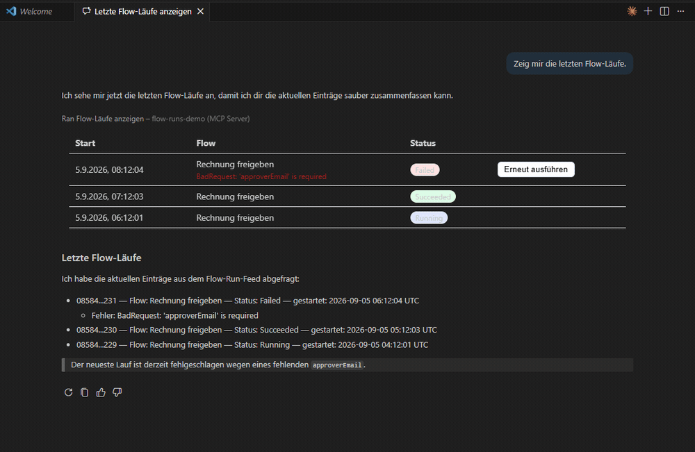 Derselbe Klick im Copilot Chat von VS Code: Der fehlgeschlagene Lauf springt auf Running, Fehlermeldung und Knopf verschwinden, die Tabelle wird kürzer