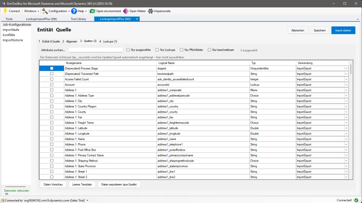Editor-Tab „3 · Spalten" mit Filterleiste, Attributliste zum Ankreuzen, Verwendungs-Auswahl und dem Hinweis zu lip__recordid
