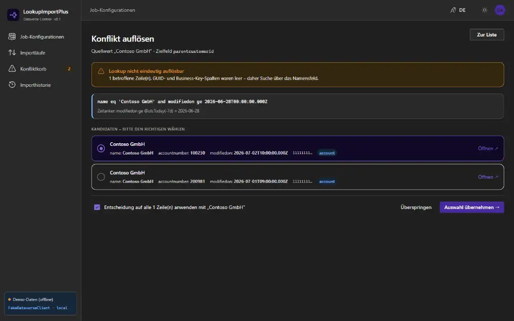 Resolve-Detailseite für "Contoso GmbH": Warnung "Lookup nicht eindeutig auflösbar", die genutzte OData-Abfrage, der Zeitanker und zwei Kandidaten mit unterschiedlicher accountnumber, jeweils mit Radio-Auswahl und Deep-Link