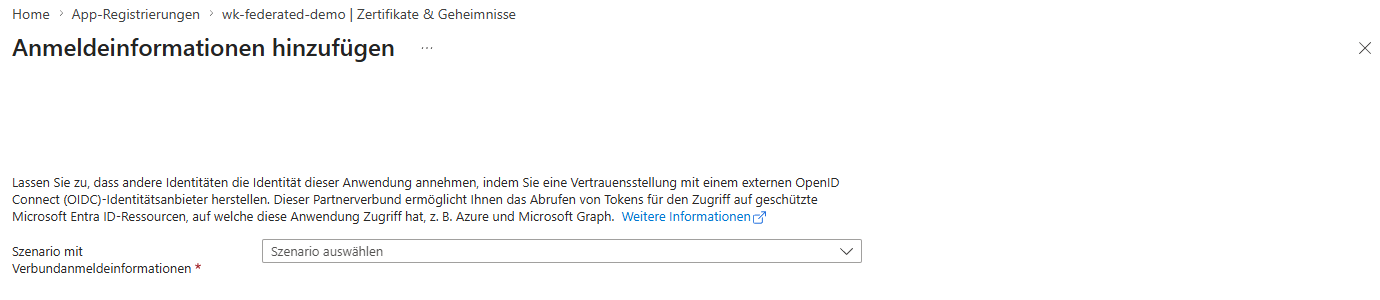 Im Microsoft Entra Admin Center: App-Registrierung → „Zertifikate & Geheimnisse" → Reiter „Verbundanmeldeinformationen" → „Anmeldeinformationen hinzufügen". Hier stellst du das OIDC-Vertrauen zum externen Identity Provider her — ganz ohne Secret.