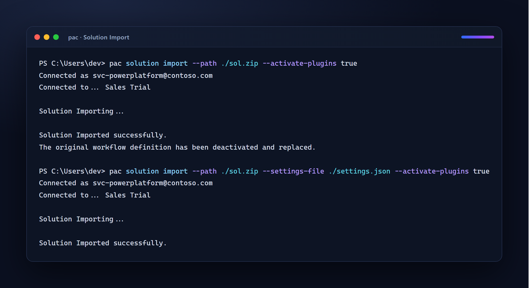 Der echte Import: ohne Settings wird der Flow deaktiviert („deactivated and replaced"); mit --settings-file bindet er und meldet „imported successfully". pac schreibt keine wörtliche „N bound"-Zeile.