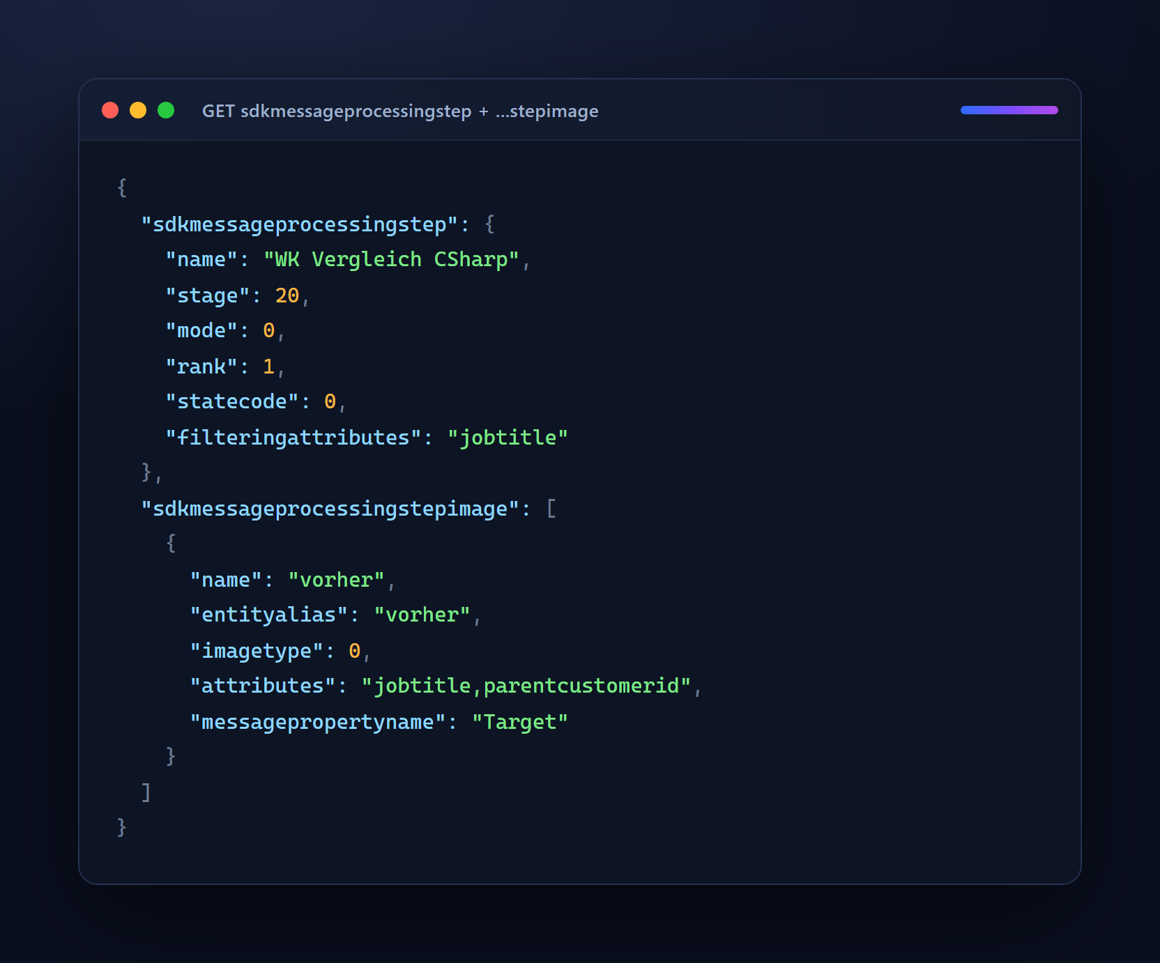 Der registrierte Verarbeitungsschritt mit seinem PreImage, über die Web-API abgefragt statt im Plugin Registration Tool