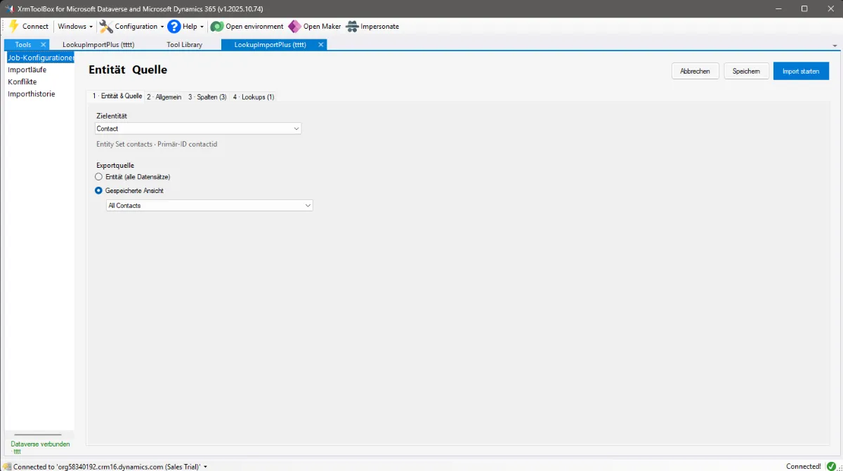 Editor-Tab „1 · Entität & Quelle" mit Auswahl der Zielentität und der Exportquelle (Entität oder gespeicherte Ansicht)