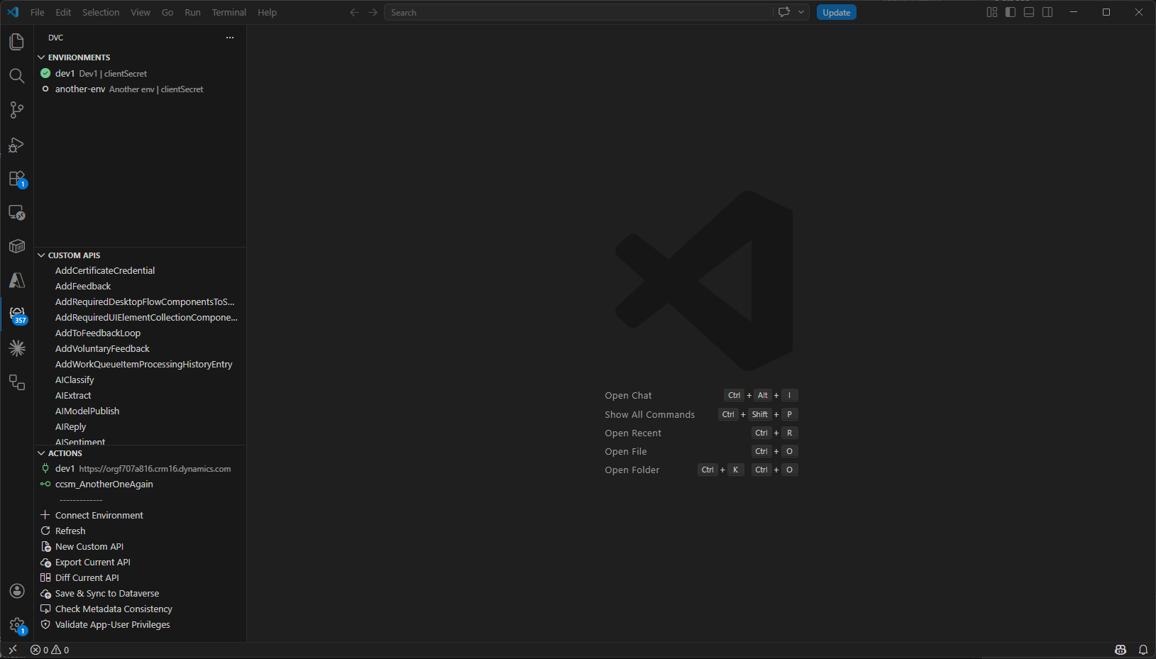 Die Activity-Bar-Ansicht des Dataverse Custom API Toolkit in VS Code: unter Environments die verbundene Umgebung „dev1" (grüner Haken), darunter die geladenen Custom-API-Endpunkte und der Actions-Bereich mit Connect Environment, New Custom API, Save & Sync to Dataverse und Validate App-User Privileges.