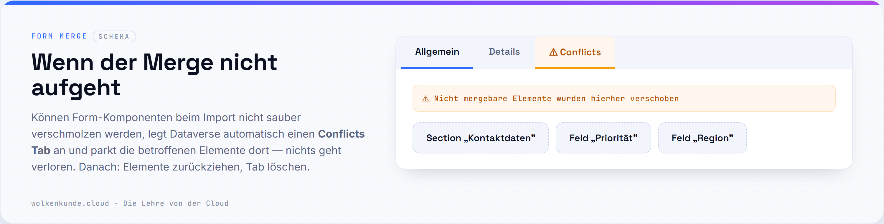 Schema: der Conflicts Tab — beim Import nicht mergebare Form-Elemente landen hier (Illustration im Wolkenkunde-CI, kein Portal-Screenshot).
