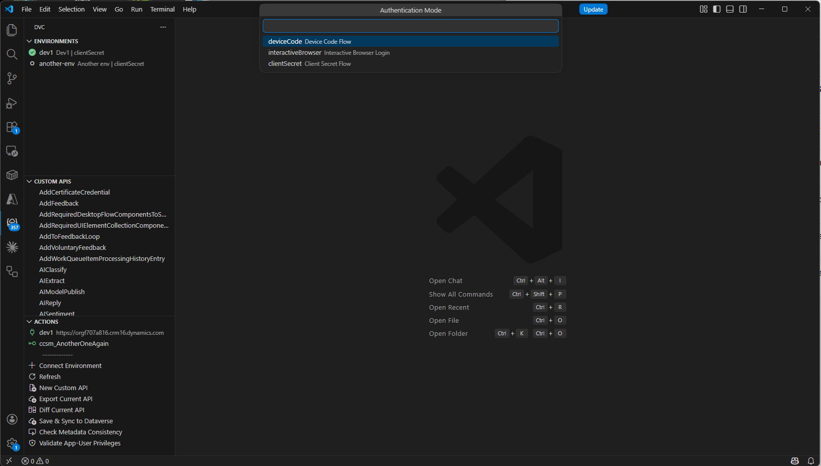 Der „Authentication Mode"-QuickPick des Connect-Wizards mit den drei Optionen deviceCode (Device Code Flow), interactiveBrowser (Interactive Browser Login) und clientSecret (Client Secret Flow).