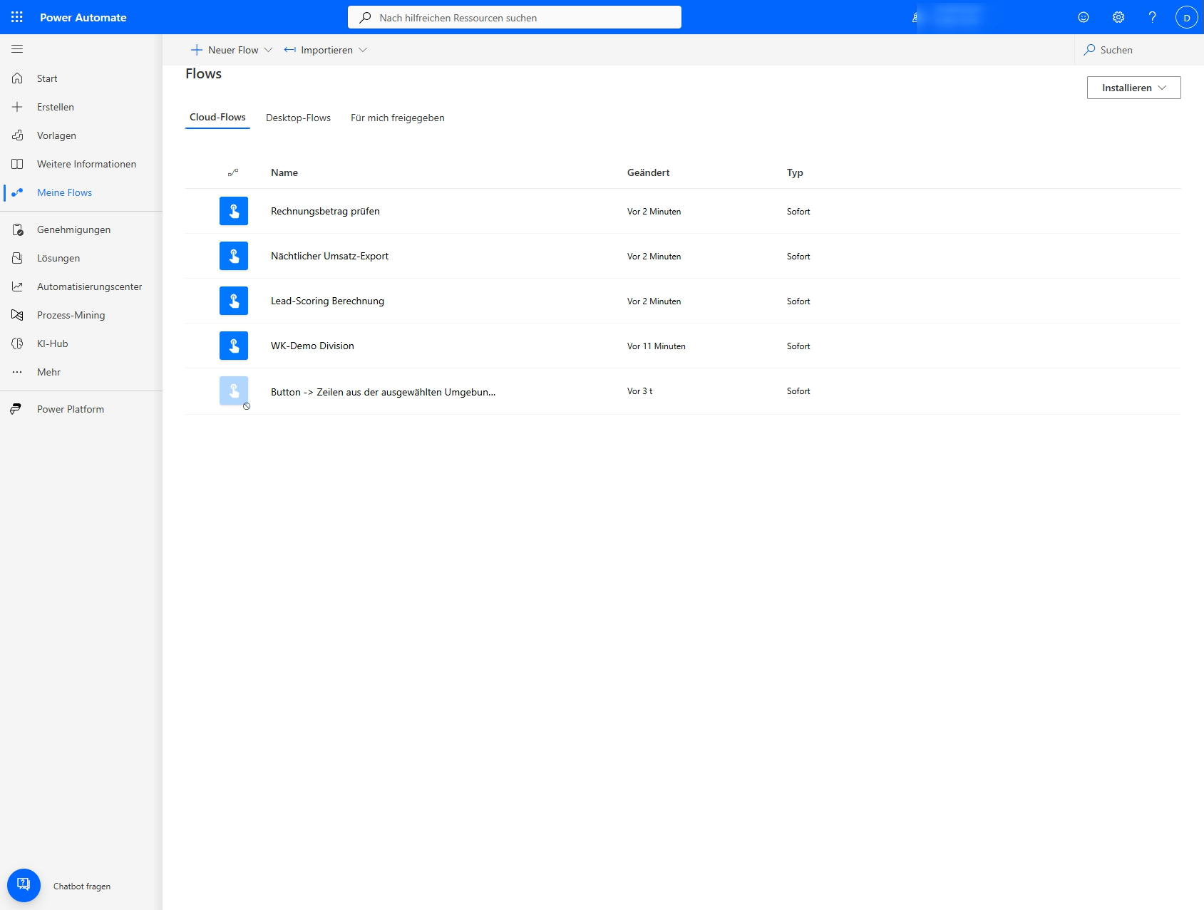 Die Flow-Liste der Umgebung im Power-Automate-Portal mit mehreren von Claude angelegten Cloud-Flows.