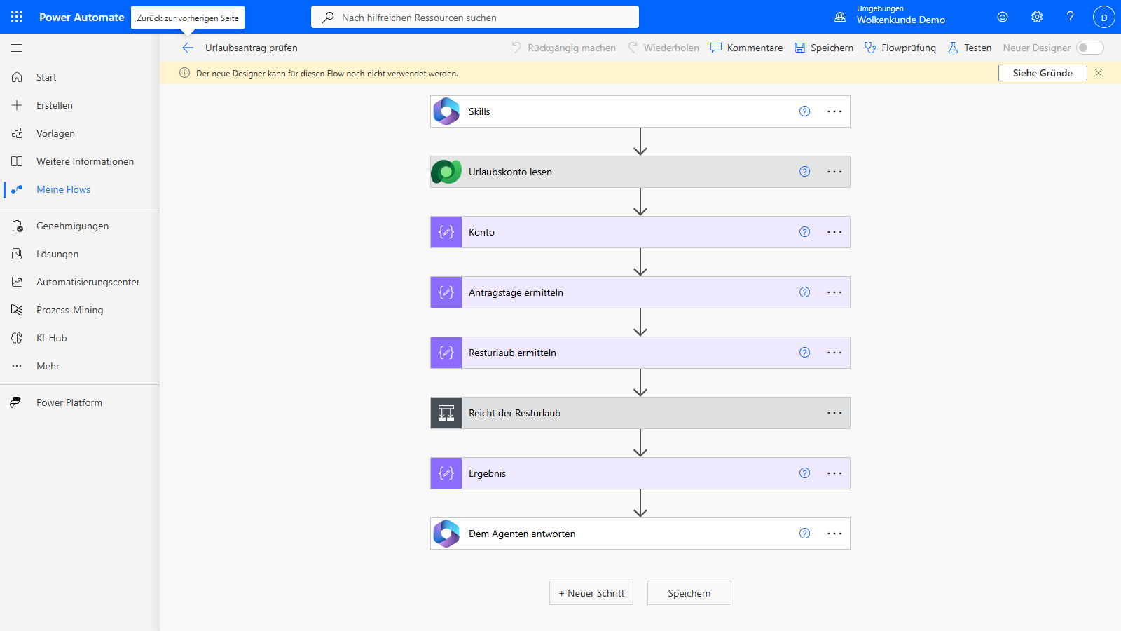 Der Flow, der zum Tool wird: Skills-Trigger, Dataverse-Abfrage, Berechnung, Bedingung, Antwort an den Agenten — sieben Aktionen im Power-Automate-Designer