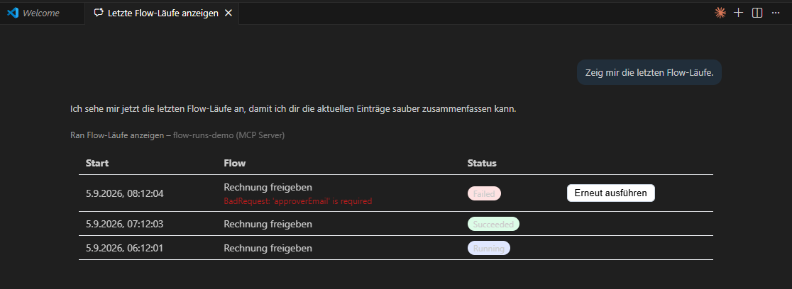 Copilot Chat in VS Code: Auf die Frage nach den letzten Flow-Läufen erscheint die Zeile „Ran Flow-Läufe anzeigen – flow-runs-demo (MCP Server)“ und darunter die gerenderte Komponente mit Statusmarkierungen und dem Knopf „Erneut ausführen“
