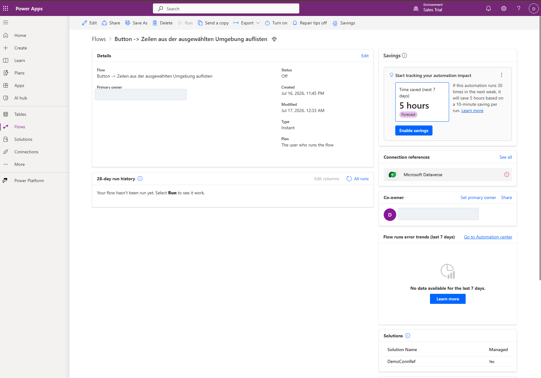 Der importierte Flow ist ausgeschaltet: die Connection Reference (Microsoft Dataverse) ist rot als „nicht konfiguriert“ markiert, Status „Off“. Genau das passiert, wenn nach dem Import kein Binding gesetzt ist.