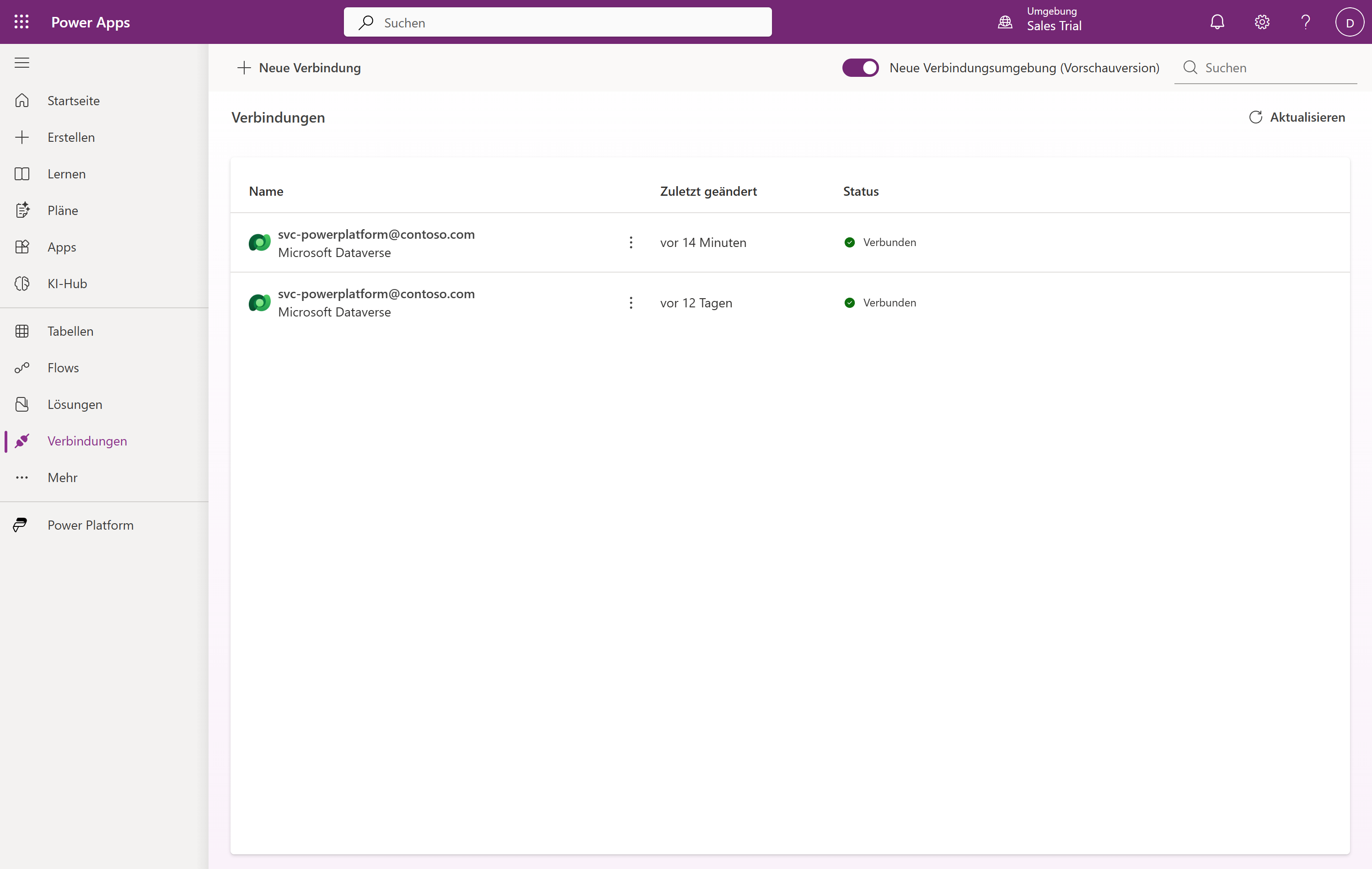 Die konkreten Verbindungen der Umgebung (mit Credentials). Auf genau eine davon zeigt die Connection Reference pro Umgebung.