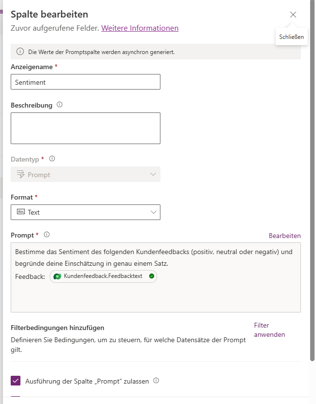 Die Spaltendefinition von Sentiment: derselbe Datentyp Prompt, der Prompt verlangt neben der Einstufung eine Begründung in einem Satz