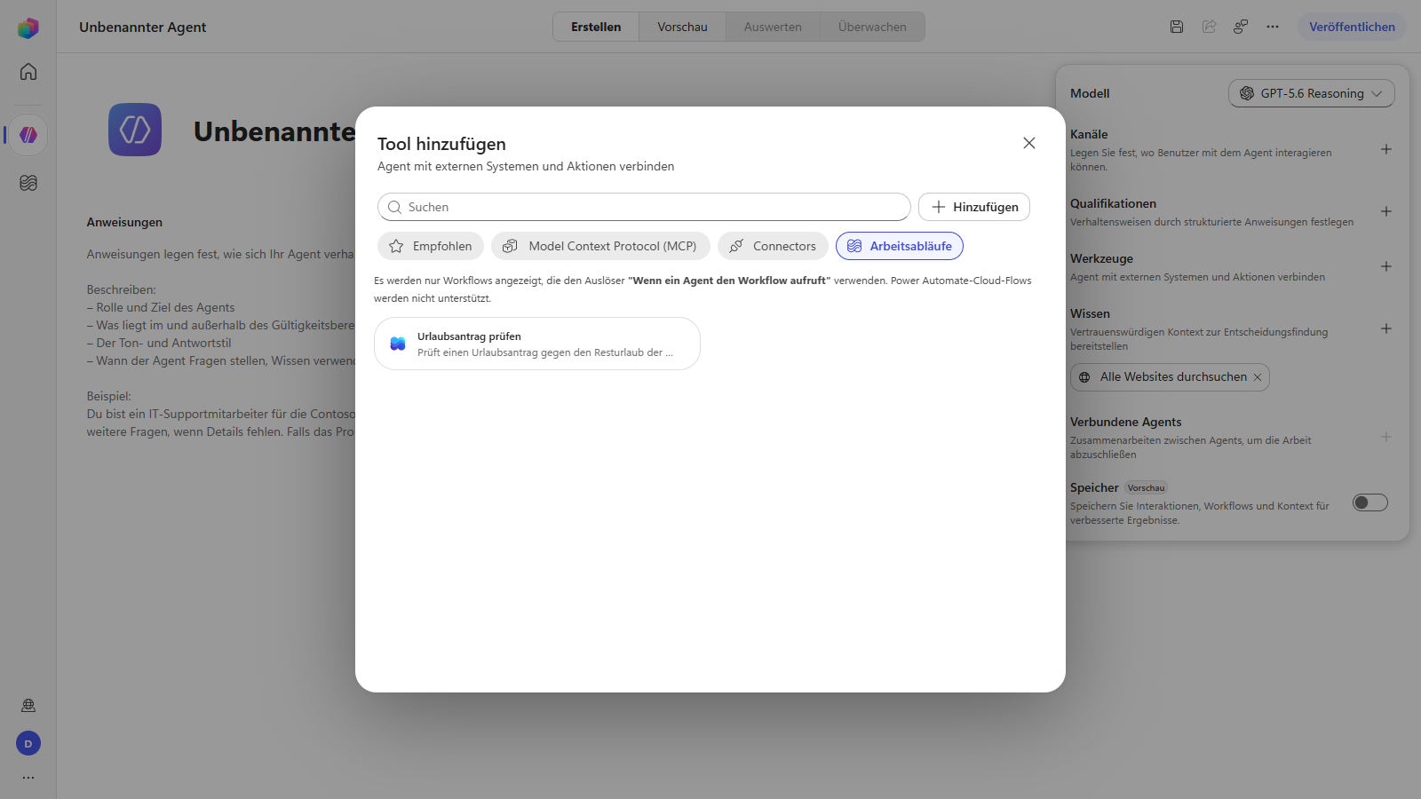 „Tool hinzufügen" in Copilot Studio: MCP, Connectors und Arbeitsabläufe. Der Hinweis über der Liste ist die eigentliche Nachricht — Power-Automate-Cloud-Flows werden nicht unterstützt