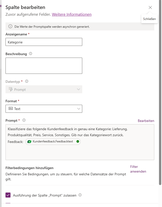 Die Spaltendefinition von Kategorie: Datentyp Prompt, Format Text, darunter der hinterlegte Prompt und die Bindung an Kundenfeedback.Feedbacktext