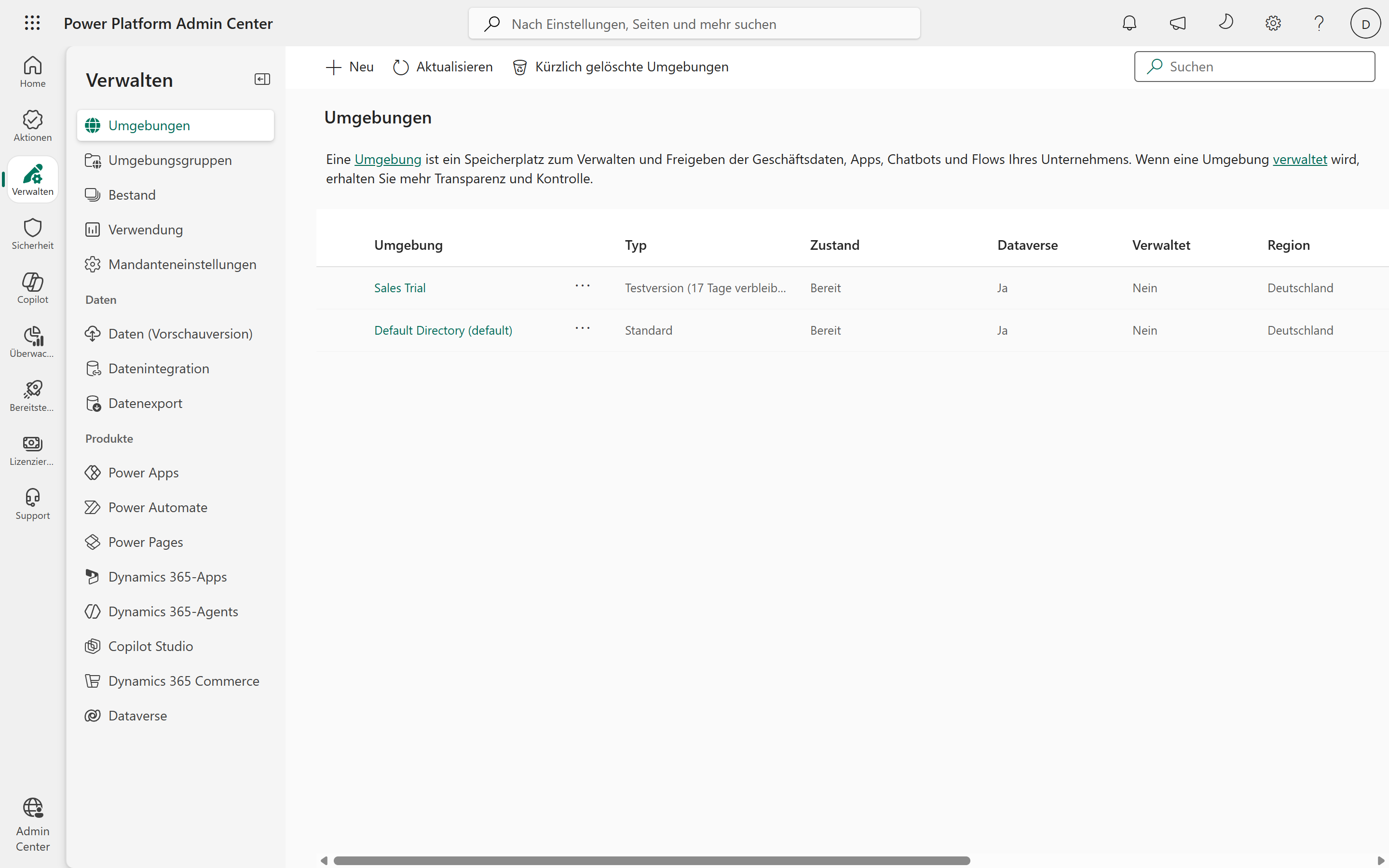 SS-05 – Power Platform Admin Center mit der neu angelegten Trial-Umgebung.