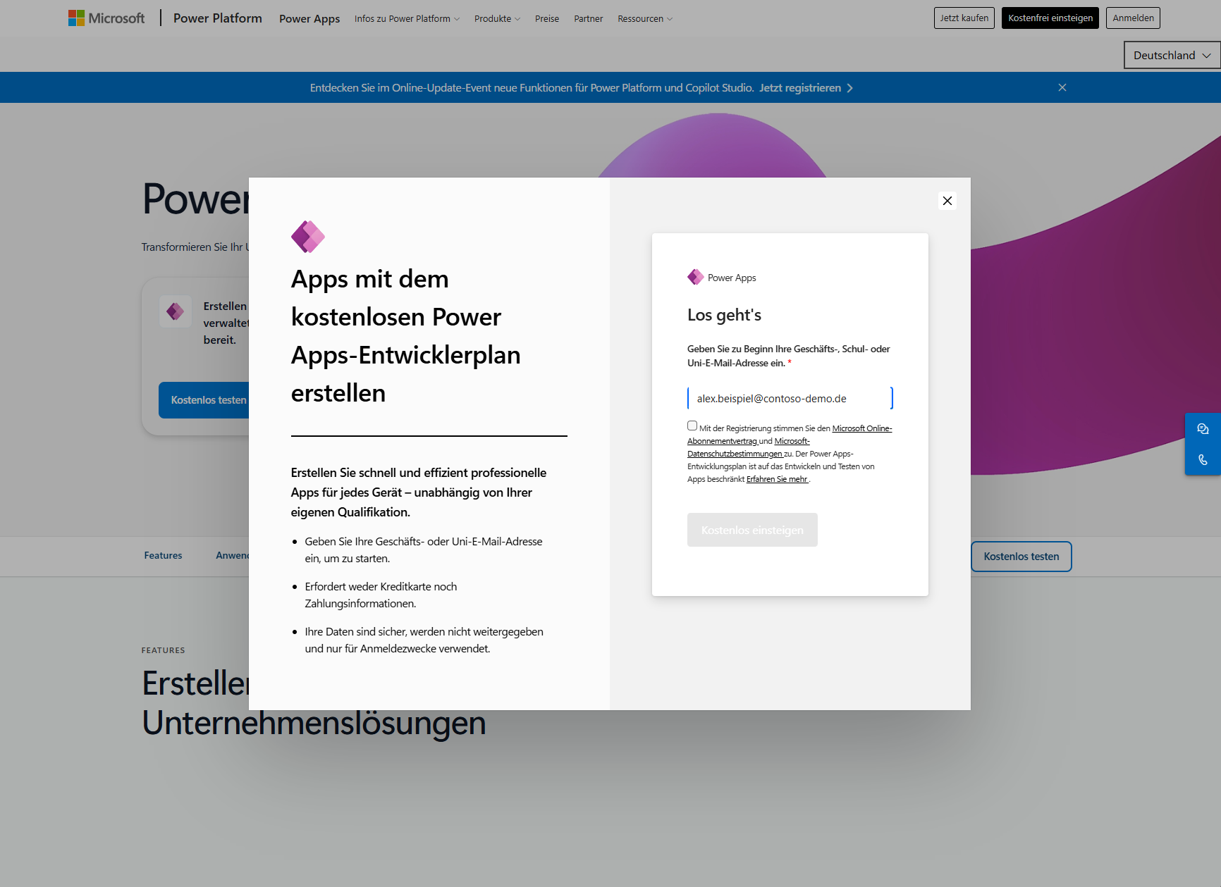 SS-10 – Anmeldeseite des Power-Apps-Developer-Plans.