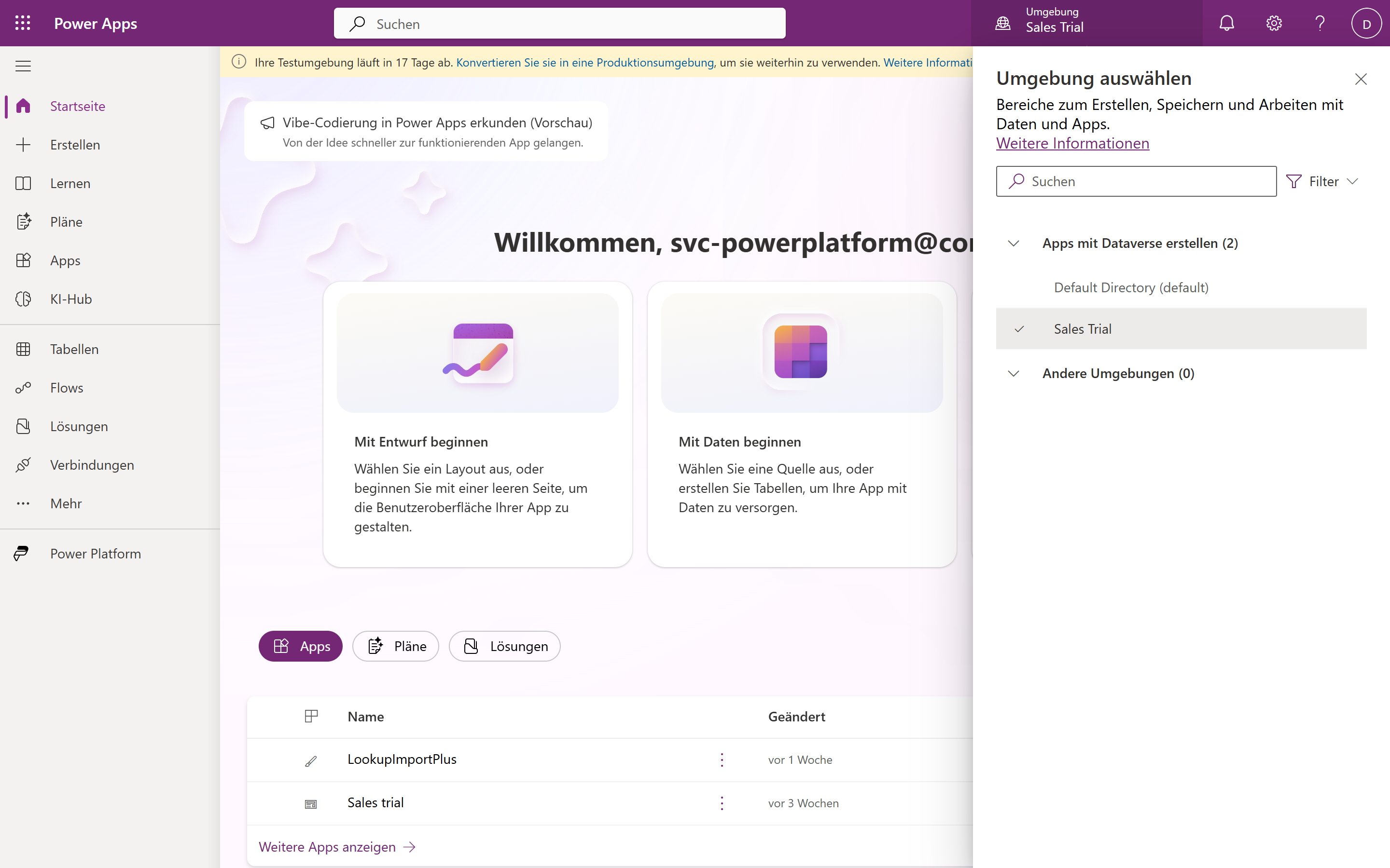 SS-11 – Umgebungsauswahl im Power Apps Maker Portal mit der neuen Developer-Umgebung.